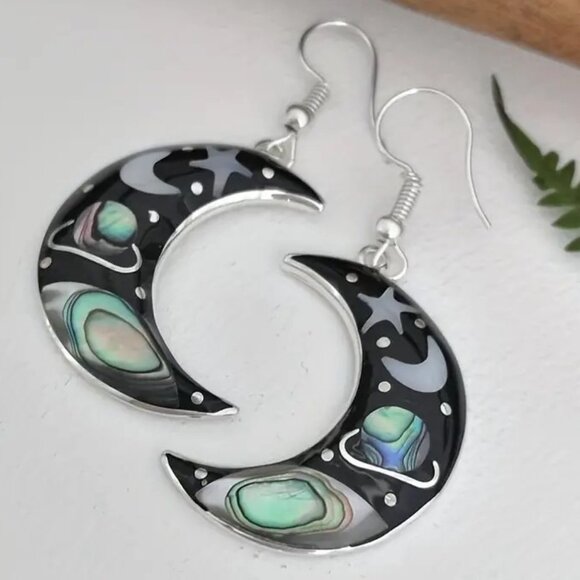 Moon Earrings Star Galaxy Sky Hook Pierced NEW - Picture 2 of 5